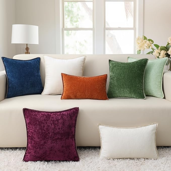 decorUhome Spring Chenille Soft Throw Pillow Covers 16x16 Set of 2, Farmhouse Velvet Neutral Decorative Pillow Covers with Stitched Edge for Couch Sofa Bed Home Decor, Aqua Haze