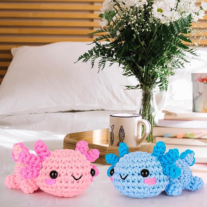 Crochetta Crochet Kit for Beginners, Crochet Starter Kit w Step-by-Step Video Tutorials, Easy Beginner Crochet Kit for Adults, Women & Men, Handmade DIY Gift Complete Kit Included (Axolotl 2Pack)