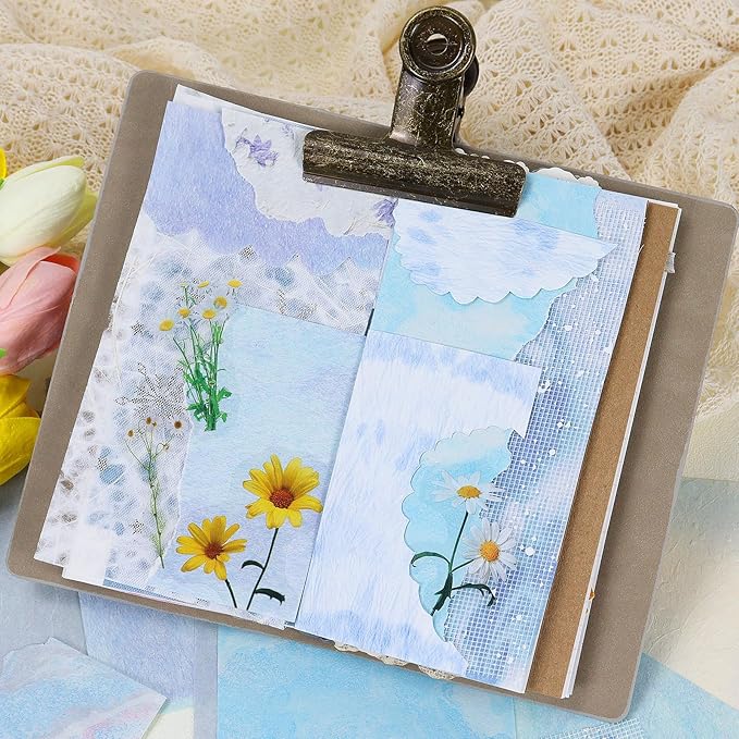 Koqye 131PCS Aesthetic Scrapbook Paper Pack, Junk Journal Supplies Starter Kit with Floral Stickers, Scissors, Quick Dry Glue Pen, Scrapbook Kit for Planner DIY Arts Craft Collage (Coastal Tide)