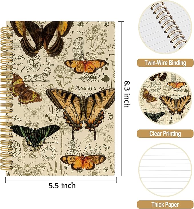 Vintage Butterfly Journal Notebook - Retro Butterflies Aesthetic Notebooks College Ruled for Work School, Gifts for Butterfly Lovers Women, Office Supplies, Hardcover Spiral Notebook 5.5"x8.3"