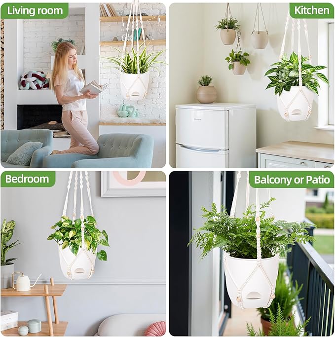 2-Pack 5.7-Inch Self-Watering Hanging Planters for Indoor & Outdoor Plants,34Inch Macrame Hanger Plant Pots Indoor with Drainage,Small Hanging Planters & Baskets,With Two Sets of Hooks(Pure white)