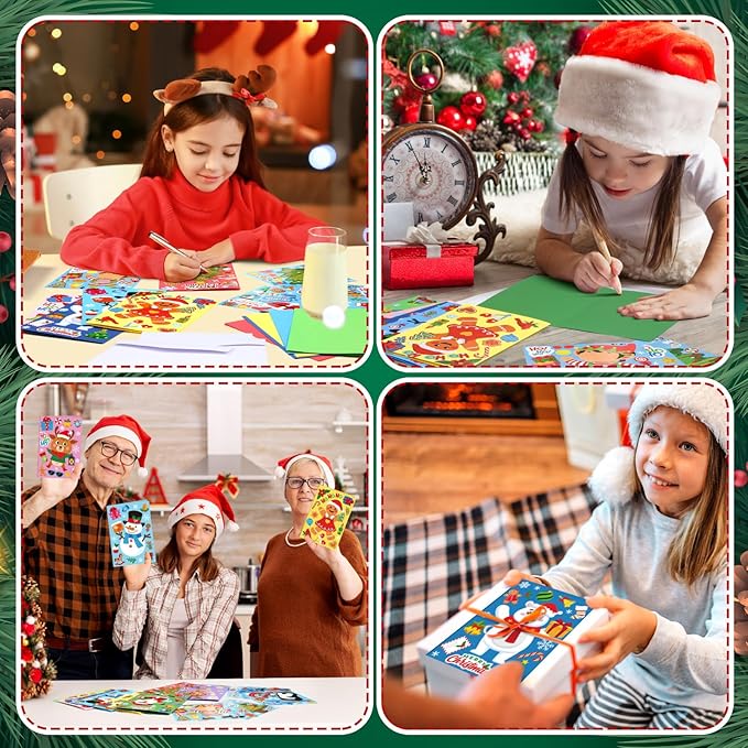 Fullhawl 48 Set Christmas Card Making Kits DIY Christmas Craft with Stickers and Envelopes Make Your Own Greeting Card Handmade Xmas Folded for Gift Party Decor Home Activities (Xmas)