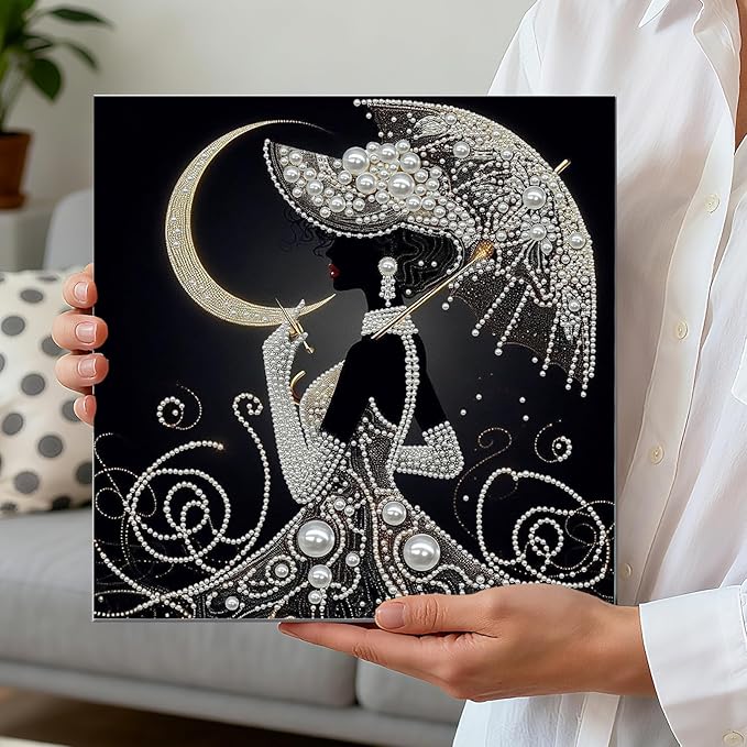DIY Pearl Painting Kit with Wooden Frame, 3D Plastic Pearl Gemstone Ocean Art Craft for Adults Beginners, Diamond Art Kits for Adults, Home Wall Decor Ready Gift for Women(Moon Umbrella Woman)(30*30cm