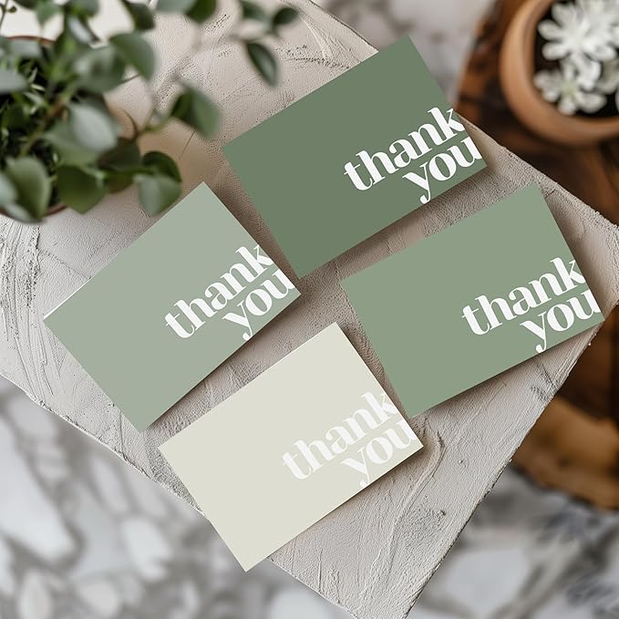 Paper Play Thank You Cards Bulk Pack of 40 Green, 5x3.5 Inches with Matching Stickers & Envelopes, Minimalistic Design Suitable for Business, Baby Shower, Wedding, Small Business, Graduation, Funeral