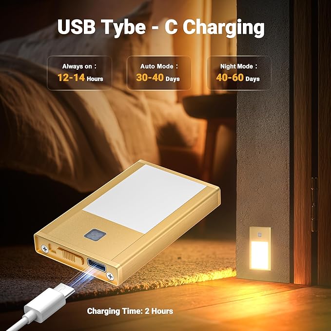 V4light Rechargeable Motion Sensor Night Lights, 8-Pack - Painted Gold Aluminum Alloy, Ultra-Compact Magnetic Mount, 3000K Warm White Glow, Ideal for Hallways, Bedrooms, Stairs & Nightly Use