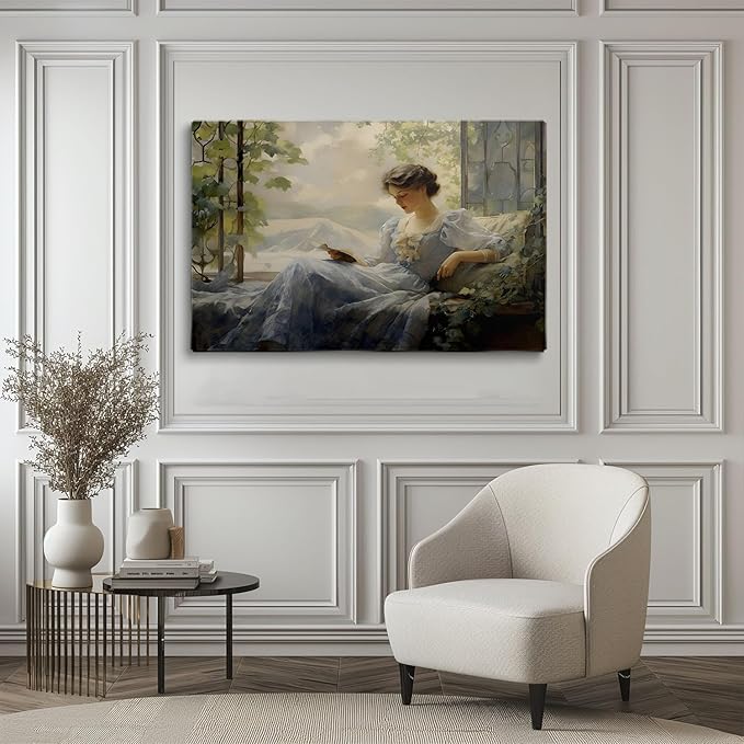 Antique Lady Reading Painting, Woman Reading Print, Woman In A Blue Dress,Antique Woman Portrait, Victorian Woman Wall Art, Girls Living Room, Bedroom, Apartment, Home Decor20x30 Framed