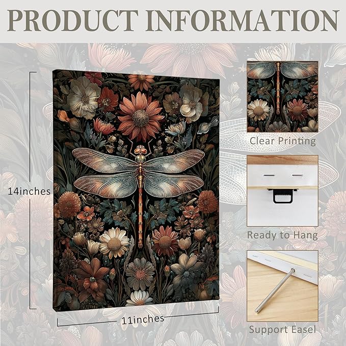 PHAMTE Vintage Floral Dragonfly Wall Art Decor Canvas 11x14, Dark Cottagecore Flower Botanical Dragonfly Pictures Decorations, Wildflower Insect Framed Prints Artwork for Home Bedroom Room Decor