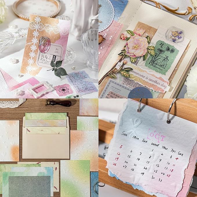 MOLNESO 132pcs Pastel Aesthetic Journal Paper Kit, Embossed Background Papers with Clear Dried Flower Stickers, Mixed Textured Scrapbook Papers for Collage, Junk Journals, Card Making, DIY Crafts