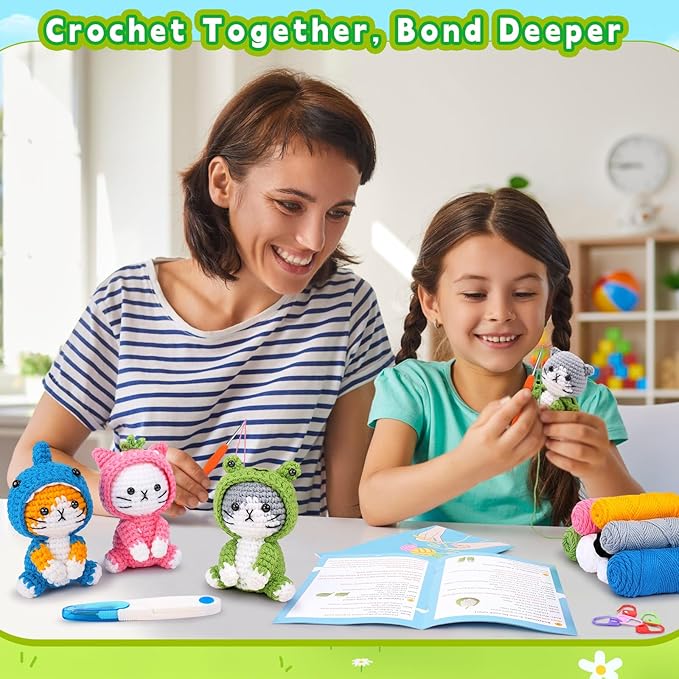 Crochet Kit for Beginners - 3 PCS Crochet Kits with Step-by-Step Video Tutorials, Beginner Crochet Kit for Adults, Crochet Animal Kit for Starters, Cat Dressed as Shark Frog Strawberry