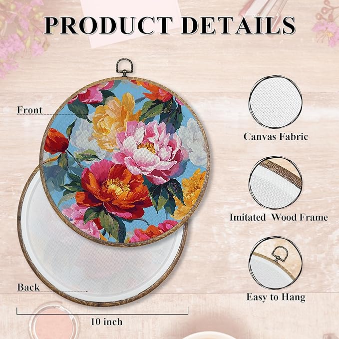 FUGWN Vintage Peony Floral Round Wall Art Decor Framed, Cottagecore Floral Canvas Artwork Prints, Rustic Farmhouse Flower Wall Hanging Decorations for Home Bedroom Living Room, 10x10 Inch