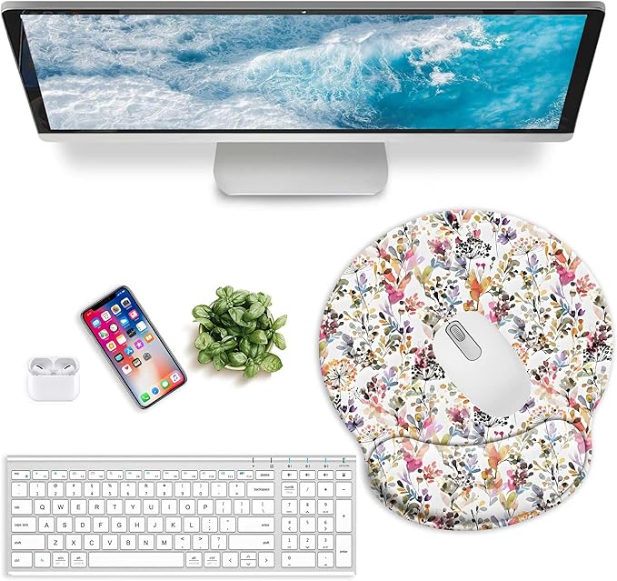 Watercolo Flowers Mouse Pad with Wrist Rest, Floral Patterns Mousepad for Desk. Premium-Textured Mouse Mat, Non-Slip Rubber Base Mousepad for Laptop, Computer & Pc