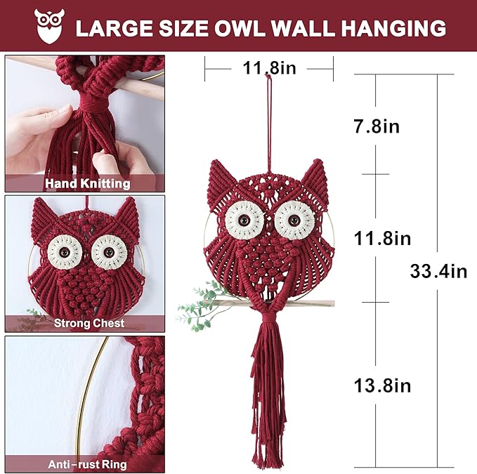 MVSUTA Owl Burgundy Cotton Handmade Macrame Wall Hanging Tapestry Home Decor Art and Red Craft Wonderful Decoration Woven Boho Ornament for Office Bedroom Apartment Living Room Nursery Gallery,1pc