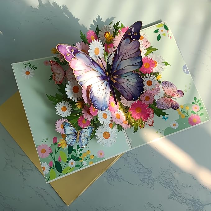 3D Bouquet Butterflys Pop Up Thank you Card, Teacher Appreciation Card, Handmade Flowers Box Greeting Cards with Note and Envelope for New Year Anniversary Valentines