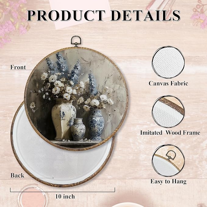 FUGWN Vintage Floral Round Wall Art Decor Framed, French Country Elegant Floral Canvas Artwork Prints, Farmhouse Blue and White Flower Wall Hanging Decorations for Home Bedroom Living Room, 10x10 Inch