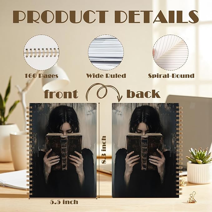 Dark Academia Woman Reading Notebook, Reading Journal for Book Lover, Gifts for Readers Book Lovers Women, Moody Gothic Bookish Bookworm Spiral Notebook Journal, 5.5x8.3 Inch
