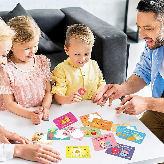 Valentines Day Cards for Kids Classroom, 36 Pcs Funny Food Exchange School Set with Stickers, Cute Snack Dessert Valentine Day Card Gifts for Kids Class Party Supplies