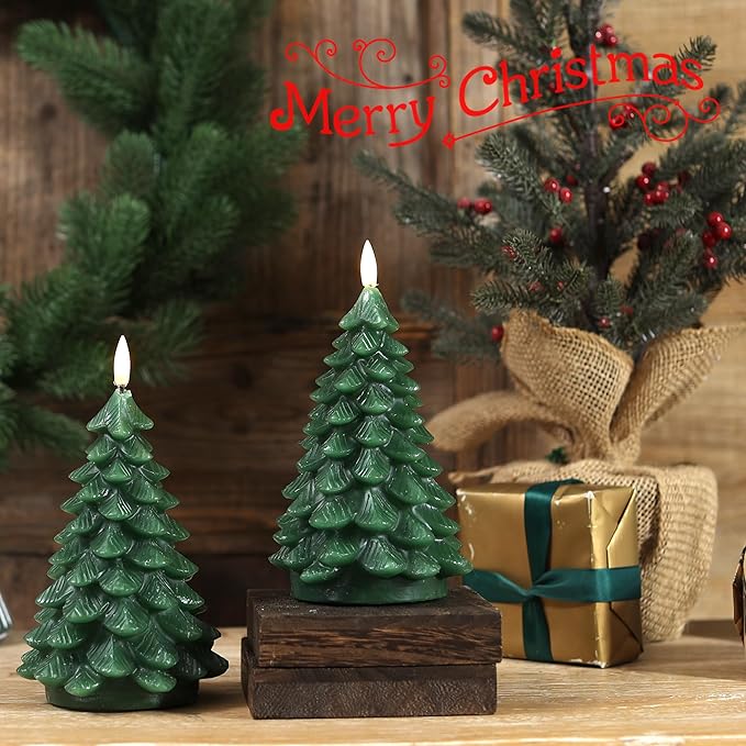 Flameless Candles with Remote Timer, 2 Pack Christmas Tree Candles Battery Operated LED Candles Real Wax Holiday Christmas Decoration for Bedroom Party Festival Gift Green