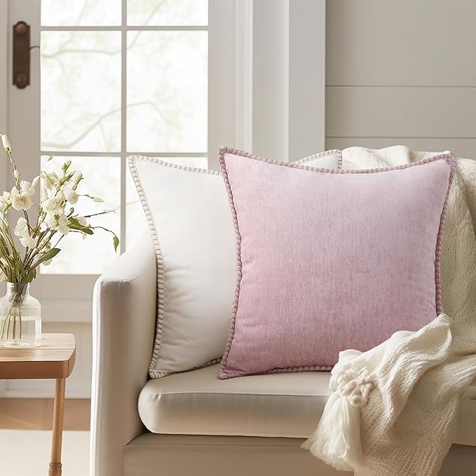 decorUhome Spring Chenille Soft Throw Pillow Covers 20x20 Set of 2, Farmhouse Velvet Neutral Decorative Pillow Covers with Stitched Edge for Couch Sofa Bed Home Decor, Blush Pink