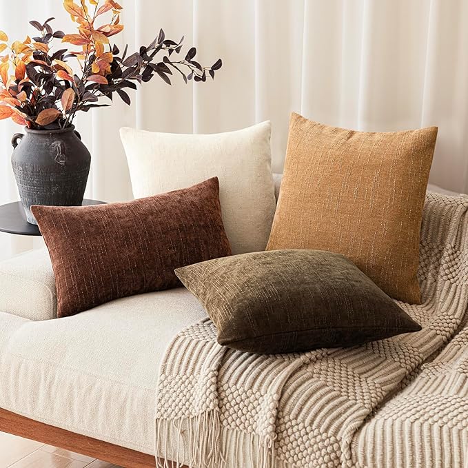 Foindtower Set of 2 Textured Chenille Throw Decorative Pillow Covers Square Accent Solid Cushion Cover Neutral Farmhouse Lumbar Pillow Case for Couch Sofa Bedroom Living Room 12x24 Inch,Golden Brown