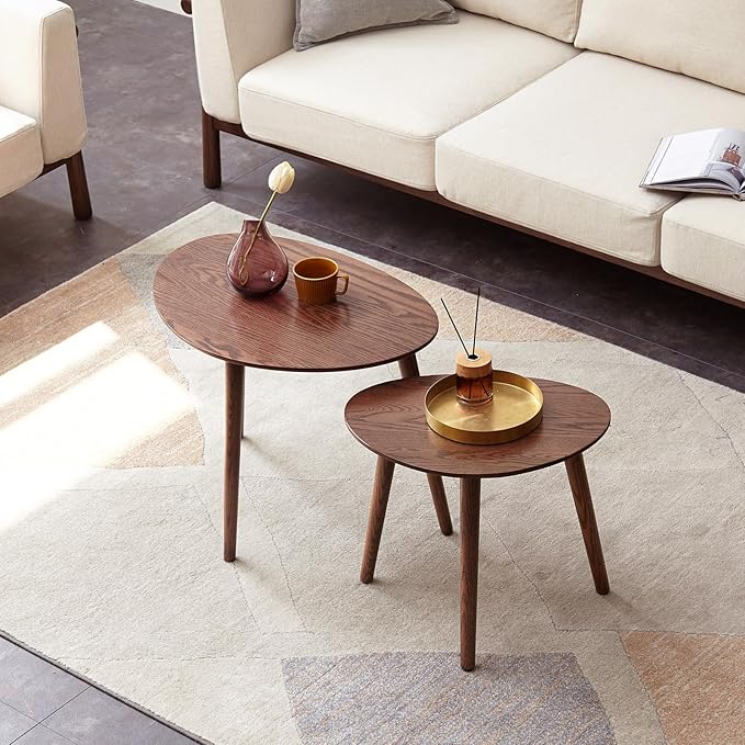 Wayshome 100% Solid Oak Wood Nesting Coffee Table,Mid Century Modern Oval Coffee Tables Set, Round Tables for Living Room, Pebble Side Table for Balcony (Walnut, Combine)