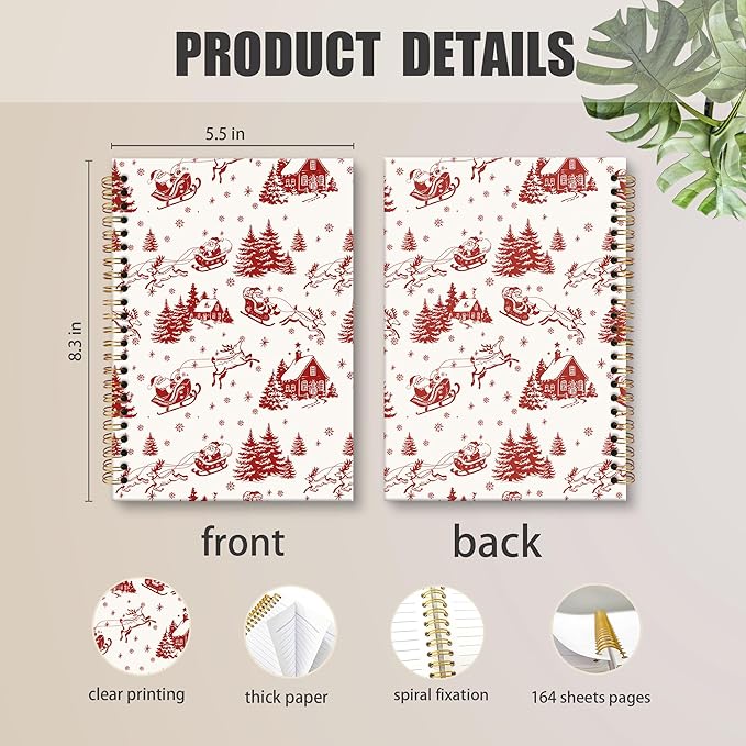 XNXLDYLH Vintage Red Christmas Santa Winter Notebook Journal, Santa Claus Reindeer Spiral Notebook, Vintage Journals Notebooks for Women, Christmas Office School Supplies Gifts for Coworker, 5.5x8.3In