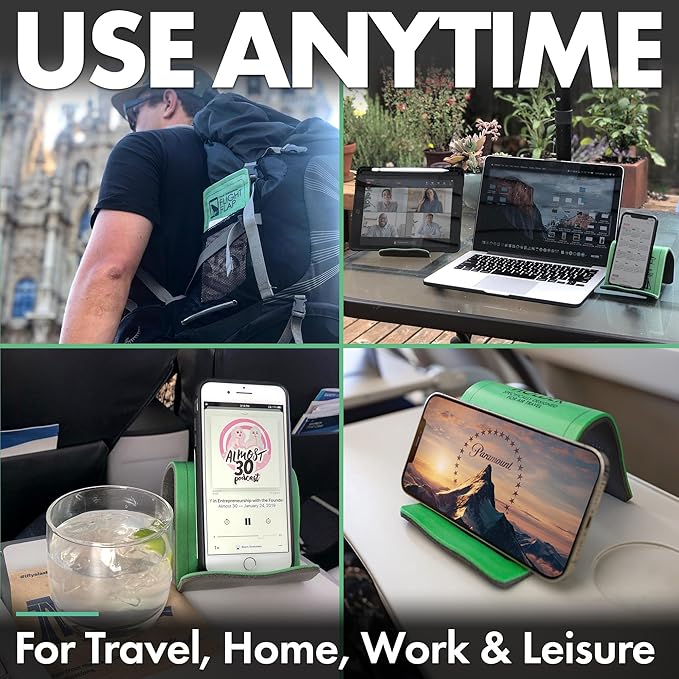Airplane Phone Holder, Flexible Cell Phone Holder, Folding Cellphone Stand for Desk, Bed, Office, Treadmill - Airplane Gadgets for Long Travel Accessories - Plane Essentials (Green)
