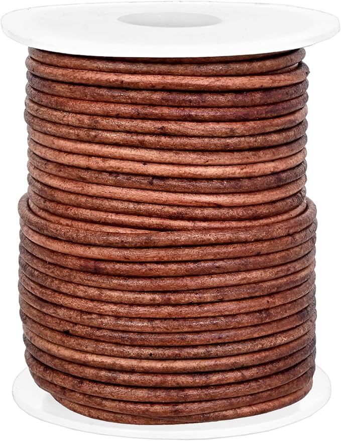 GENIQUE Real/Genuine Round Leather String Cord for Necklace, Bracelets, Jewellery, Braiding (2mm, Red Brown Distressed)