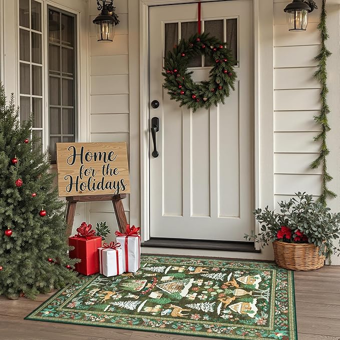 jinchan Christmas Rug 3x5 for Entryway Kitchen Green Holiday Rug for Bedroom Christmas Tree and Cabin Printed Xmas Decor for Living Room Bathroom Washable Non Slip Decorative Floor Carpet