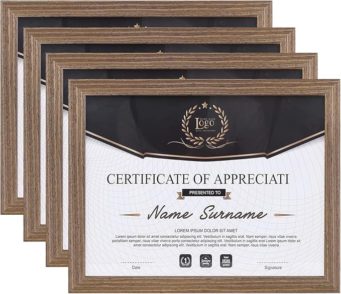 KINLINK 8.5x11 Picture Frame Brown Wood, Solid Wood Diploma Frames with Acrylic Plexiglass for Pictures, Certificate Degree Document Frame Tabletop and Wall Mounting Display, 4 Pack