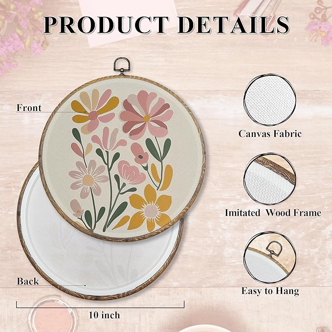 FUGWN Boho Floral Round Wall Art Decor Framed, Boho Abstract Minimalist Flower Canvas Artwork Prints, Neutral Flower Botanical Wall Hanging Decorations for Home Bedroom Living Room, 10x10 Inch