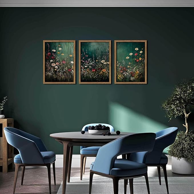 Vintage Wildflower Wall Art Set of 3, Moody Dark Green Flower Botanical Wall Decor Paintings,Nature Floral Farmhouse Landscape Posters Prints Pictures for Living Room Bedroom 16x24 Inch Wood Framed