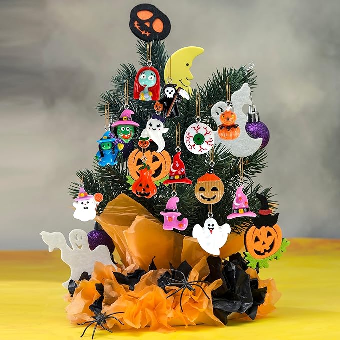 40Pcs Halloween Hanging Ornaments, Tiny Resin Charm Pendants Miniatures Figurines with Golden String for Mini Halloween Tree Decorations Holiday Party Decor