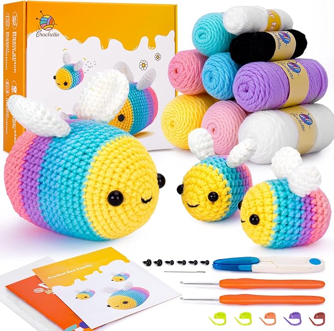Crochetta Crochet Kit for Beginners, Beginner Crochet Starter Kit with Step-by-Step Video Tutorials, Beginner Crochet Kit for Adults, Knitting Kit for Beginners, 3 Bee (40%+ Yarn Content)