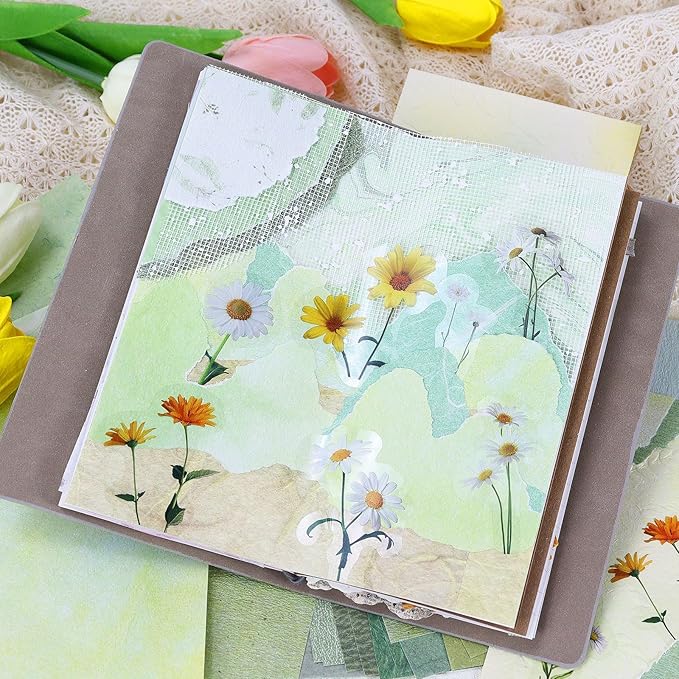 Koqye 131PCS Aesthetic Scrapbook Paper Pack, Junk Journal Supplies Starter Kit with Floral Stickers, Scissors, Quick Dry Glue Pen, Scrapbook Kit for Planner DIY Arts Craft Collage(Botanical Sage)