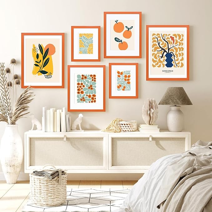 KINLINK 4x6 Frame Orange, Solid Wood 4 x 6 Picture Frame with Acrylic Plexiglass for 3.5x5 with Mat, Tabletop and Wall Display Photo Frames 4x6 Orange, 4 Pack