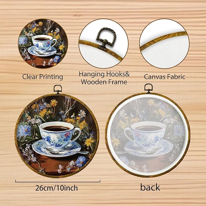 Hiuwevt Chinoiserie Floral Coffee Round Wall Art Decor, Blue and White Ceramic Coffee Cup Hanging Canvas Prints Artwork Framed, Retro Cottagecore Circular Wall Decor for Home Kitchen, 10x10 Inch