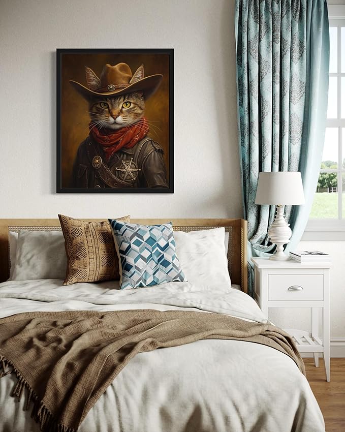 Cat Cowboy Art Poster Print, Cat Kitten Painting Humor Portrait Pet Artwork Decor Gallery A8 (Cowboy, 8 x 10 inches, Unframed)