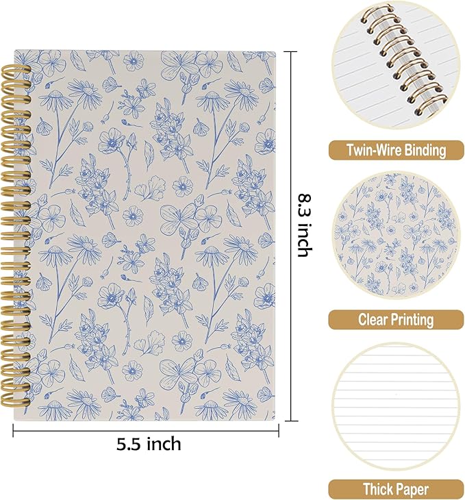 Pugwak Vintage Floral Journal Notebook - Aesthetic Botanical Beige Flower Notebooks College Ruled for Work School, Gifts for Women Coworker, Office Supplies, Hardcover Spiral Notebook 5.5"x8.3"