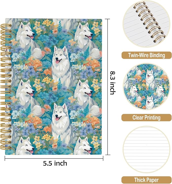 Cute Dog Husky Floral Journal Notebook - Siberian Husky Dog Flower Notebooks College Ruled for Work School, Gifts for Dog Mom Dog Lovers, Office Supplies, Hardcover Spiral Notebook 5.5"x8.3"
