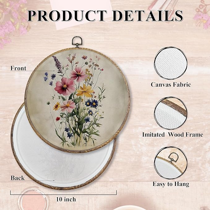FUGWN Vintage Wildflower Botanical Round Wall Art Decor Framed, Cottagecore Floral Botanical Canvas Artwork Prints, Retro Floral Wall Hanging Decorations for Home Bedroom Living Room, 10x10 Inch