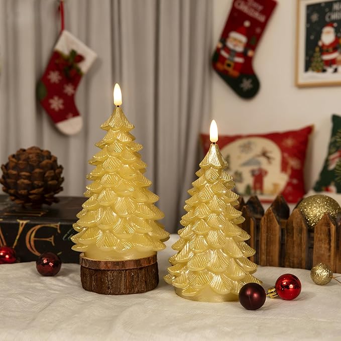 Flameless Candles with Remote Timer, 2 Pack Christmas Tree Candles Battery Operated LED Candles Real Wax Holiday Christmas Decoration for Bedroom Party Festival Gift Gold