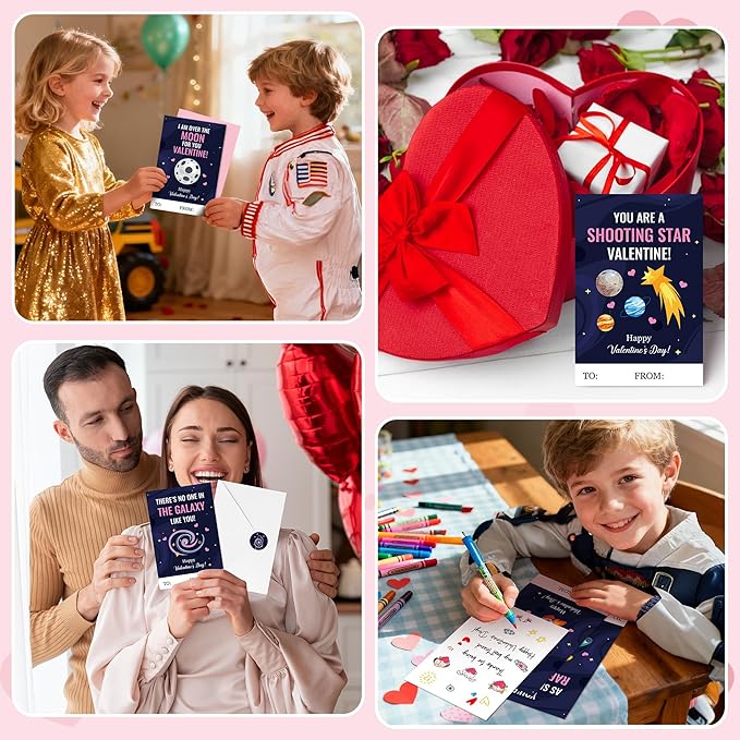 TICIAGA 144pcs Valentine’s Day Space Greeting Cards with Envelop and Sticker for Kid, 4 x 6 IN Planet Galaxy Notecard Exchange Gift for Boy Girl School Classroom Supply, Valentines Galaxy Party Favor