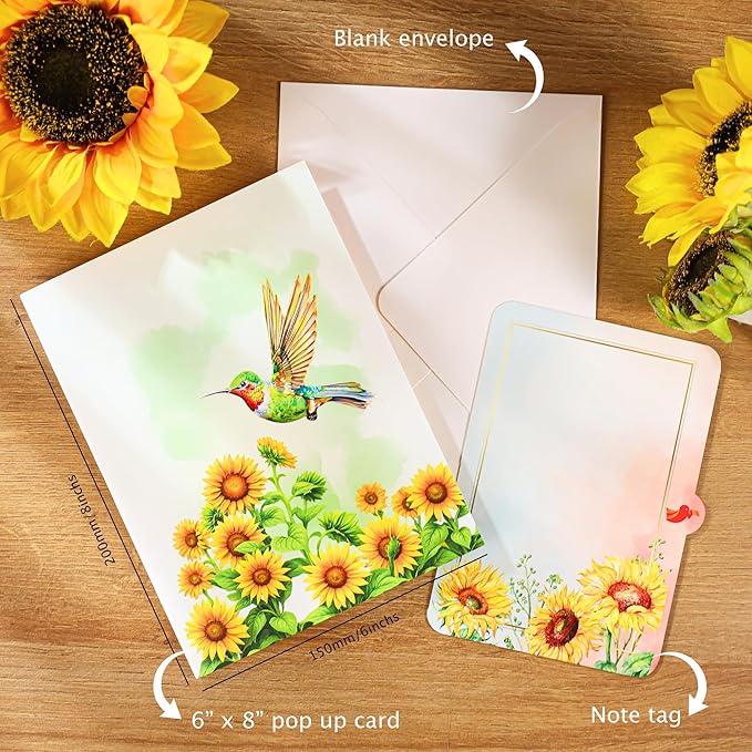 Pop Up Birthday Card, 3D Hummingbird Sunflower Mother's Day for Women, Mom, Wife, Daughter, Her, Sister, Girlfriend, Grandma, Ideal Gift for Valentines, Thank You, Anniversary, Get Well,Just Because