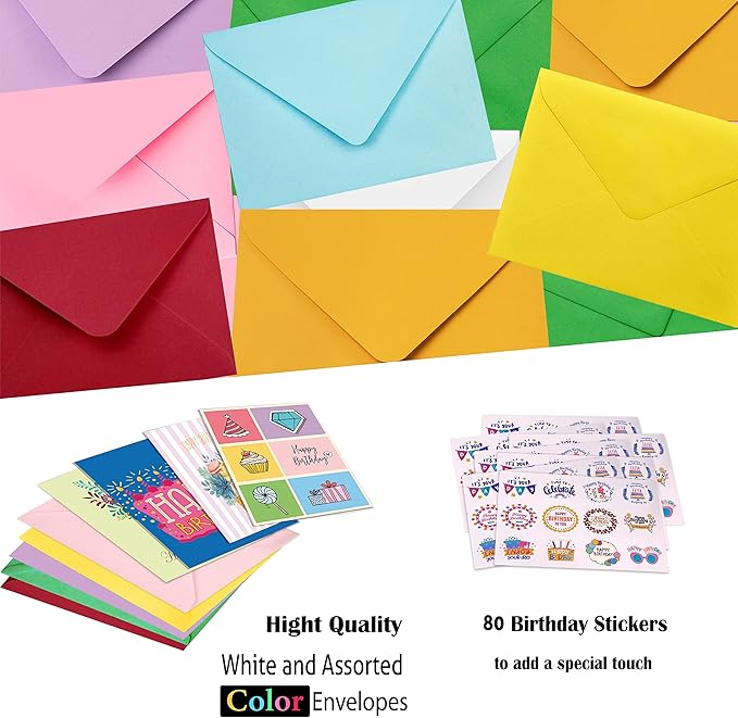 80 Unique Birthday Cards- Happy Birthday Cards Bulk With Greetings Inside – Assorted Envelopes and Stickers -Large 5 x 7 inches- Greeting Box Set