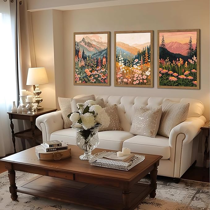 Boho Colorful Landscape Wall Art Set of 3, Vintage Wildflower Mountain Canvas Wall Decor Paintings, Rustic Nature Floral Pictures Prints for Living Room Bedroom 12x16 Inch Wood Framed