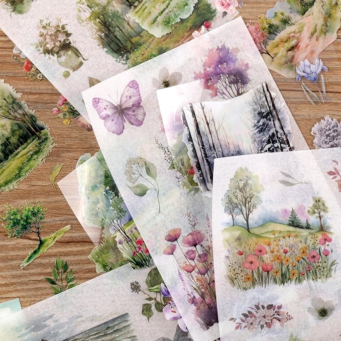 Plant Landscape Scrapbook Stickers 36 Sheets 200 Pre-Cut Washi Stickers for Journaling PET Transparent Sticker 18 Sheets Scrapbook Paper Decorative or DIY Crafts Arts and Crafting Projects