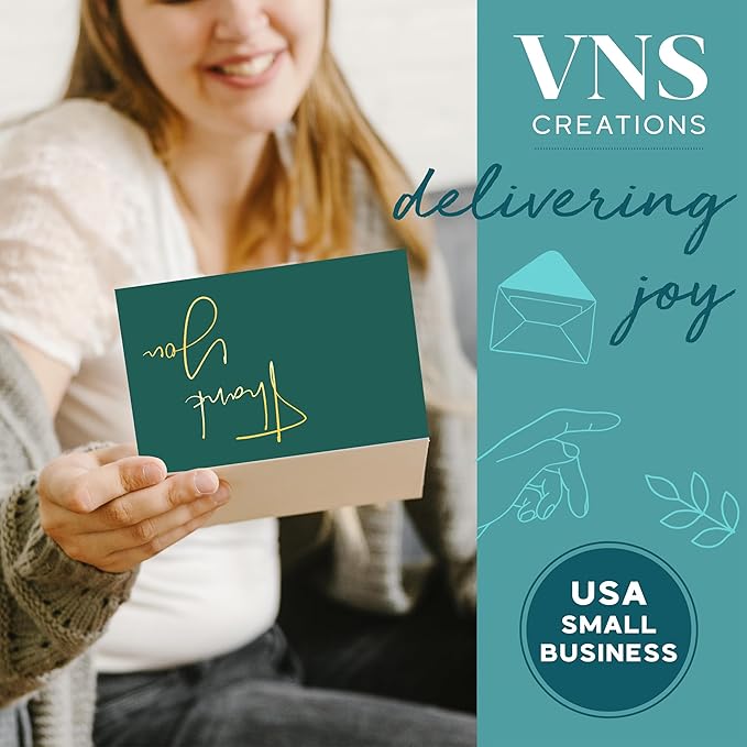 VNS Creations Gold Foil Thank You Cards With Envelopes Bulk Set & Stickers - 100 Pack 4x6 Blank Thank You Notes Set - Large Note Card Small Business, Wedding, Baby Shower & Bridal Shower - Post Green