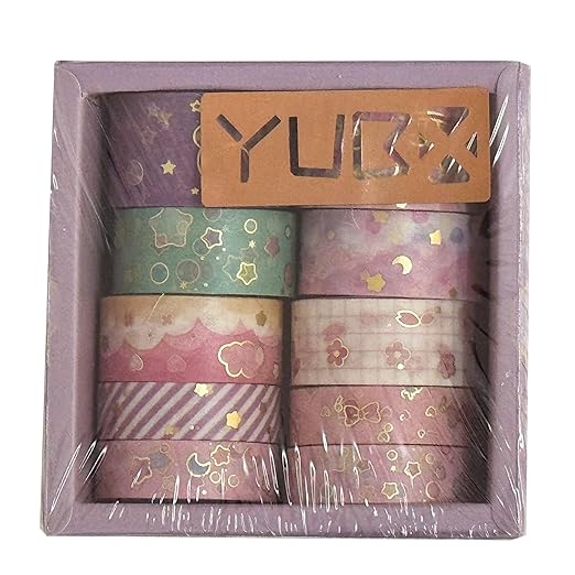 YUBX Creative Washi Tape Set 10 Rolls Gold Foil Print Decorative Masking Tapes for Arts, DIY Crafts, Journals, Planners, Scrapbook, Wrapping (Cute Sweety)