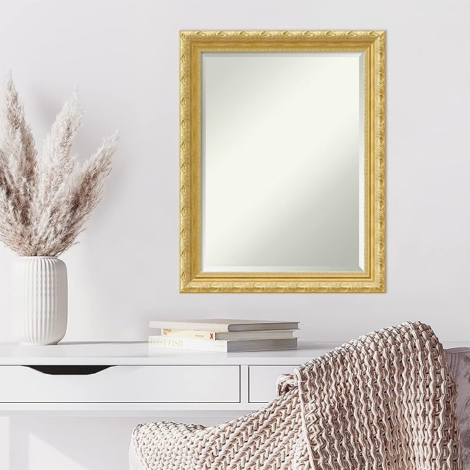 Amanti Art Gold Wall Mirror 28x22 Versailles Gold Rectangle Bathroom Mirror for Wall Decor Living Room, Medium Traditional Wood Frame, Hangs Horizonally and Vertically, Bathroom Decor, Beveled Edge