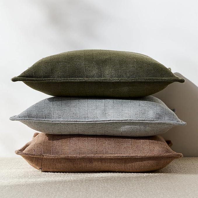 18x18 Linen Pillow Covers Brown Pack of 2 Farmhouse Boho Neutral Accents Striped Textured Square Decorative Throw Pillow Cases for Living Room Couch Bed Home Decor
